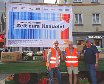 Von Links: Uli Stein (Heilbronn), Klaus Ries-Müller und Axel Jänichen (beide aus Bad Rappenau). Die Klimastreifen verdeutlichen die Erhöhung der mittleren Temperatur in Deutschland  besonders in den letzten 24 Jahren – in Rot! 