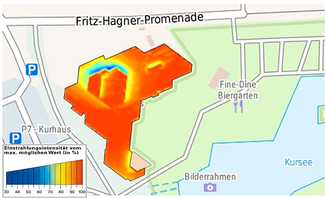 Kurhaus mit rund 150 kWp (Kilowatt Peak) Photovoltaik-Potential,  Quelle: Solarkataster der Landesanstalt für Umwelt Baden-Württemberg (LUBW):   www.energieatlas-bw.de/sonne/dachflachen/solarpotenzial-auf-dachflachen 
