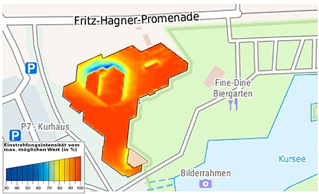 Kurhaus mit rund 150 kWp (Kilowatt Peak) Photovoltaik-Potential, Quelle: Solarkataster der Landesanstalt für Umwelt Baden-Württemberg (LUBW): www.energieatlas-bw.de/sonne/dachflachen/solarpotenzial-auf-dachflachen Kurhaus mit rund 150 kWp (Kilowatt Peak) Photovoltaik-Potential, Quelle: Solarkataster der Landesanstalt für Umwelt Baden-Württemberg (LUBW): www.energieatlas-bw.de/sonne/dachflachen/solarpotenzial-auf-dachflachen