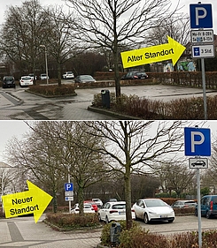 Parkplatz an der Frauenstraße, Richtung Verbundschule,  Bild oben: 2024, Bild unten: Dez. 2025 mit nach hinten versetztem Schild (Begrenzung auf 3 Stunden Parkdauer)  