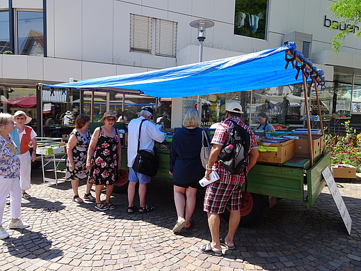 Traktoranhänger mit Sonnenschutz beim Flohmarkt