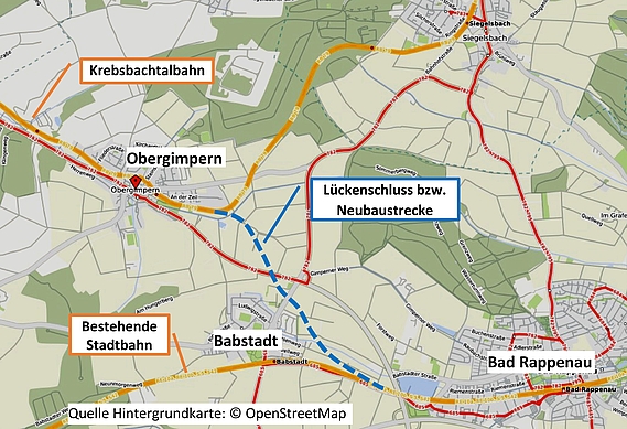 Streckenverlauf inklusive der Neubaustrecke (Quelle: Hintergrundkarte: © OpenStreetMap)