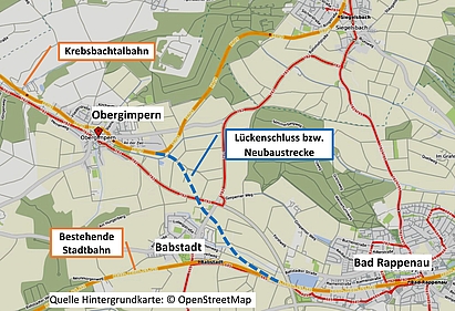 Streckenverlauf inklusive der Neubaustrecke (Quelle: Hintergrundkarte: © OpenStreetMap)