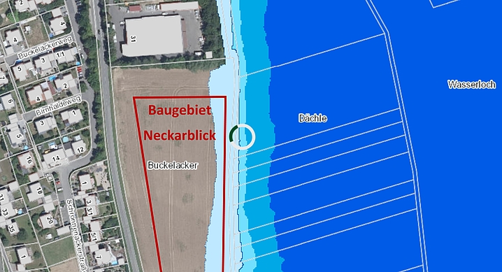 Überflutungsflächen bei einem extrem Niederschlag, Jahrhunderthochwasser, 50- und 10 Jahres-Hochwasser (von links) Quelle: www.hochwasser.baden-wuerttemberg.de/